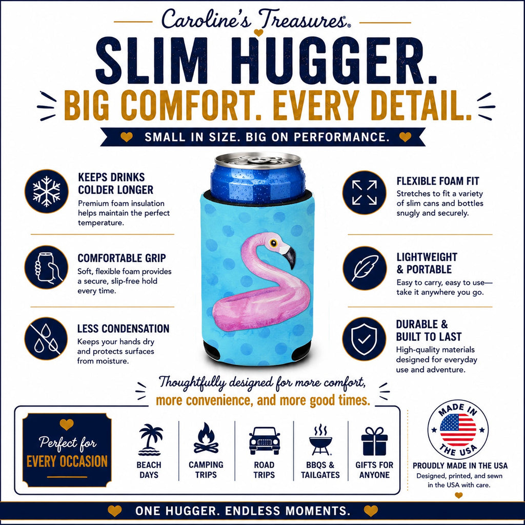 Flamingo Floaty Blue Polkadot Slim Can Hugger  Insulated Foam Sleeve for 12 oz Slim Cans, Beer Bottles & Water Bottles, Made in USA
