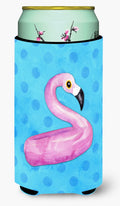 Flamingo Floaty Blue Polkadot Tall Boy Hugger Can Cooler Sleeve Machine Washable Drink Collapsible Insulator Beverage Insulated Holder