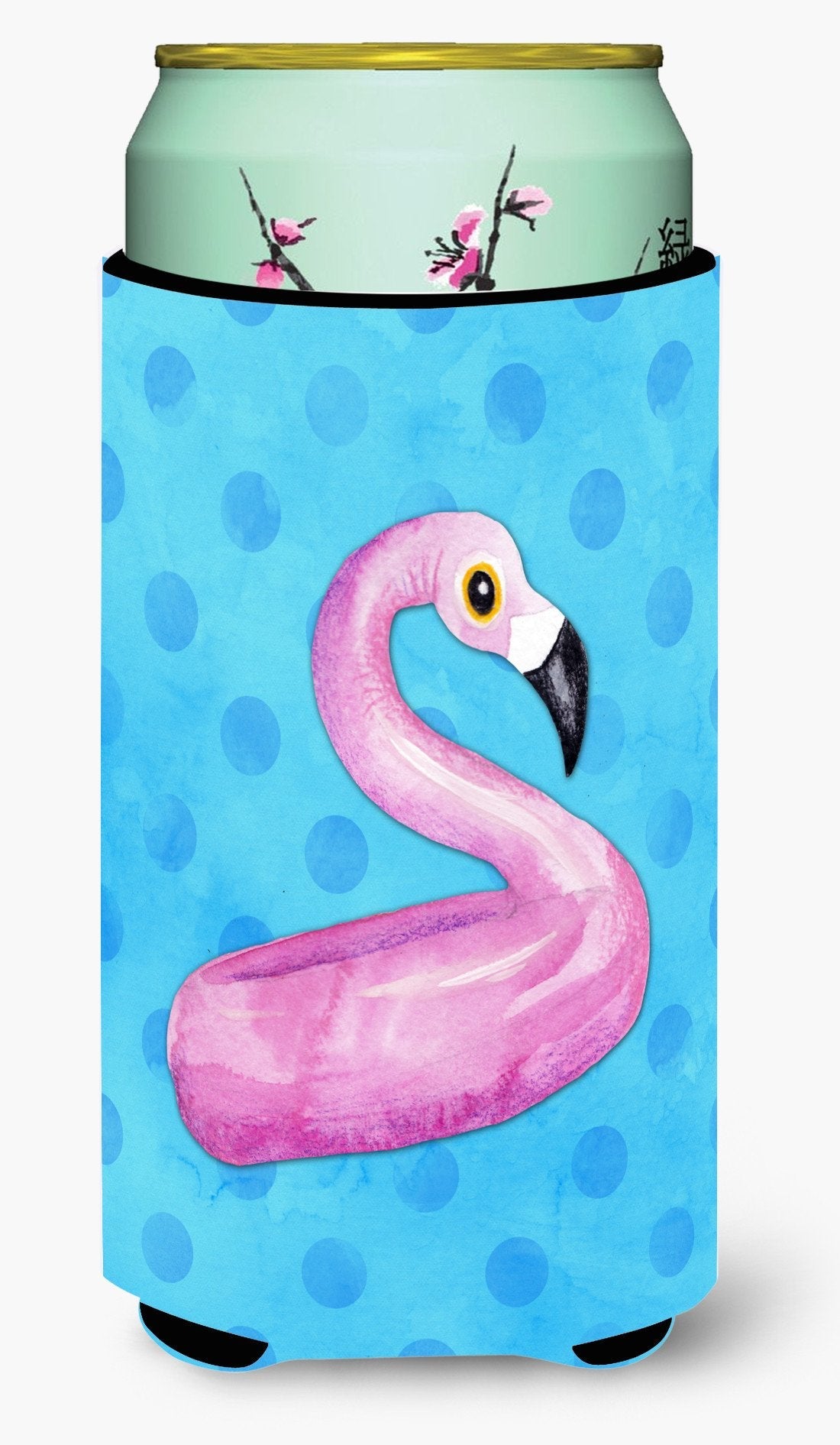 Flamingo Floaty Blue Polkadot Tall Boy Hugger Can Cooler Sleeve Machine Washable Drink Collapsible Insulator Beverage Insulated Holder