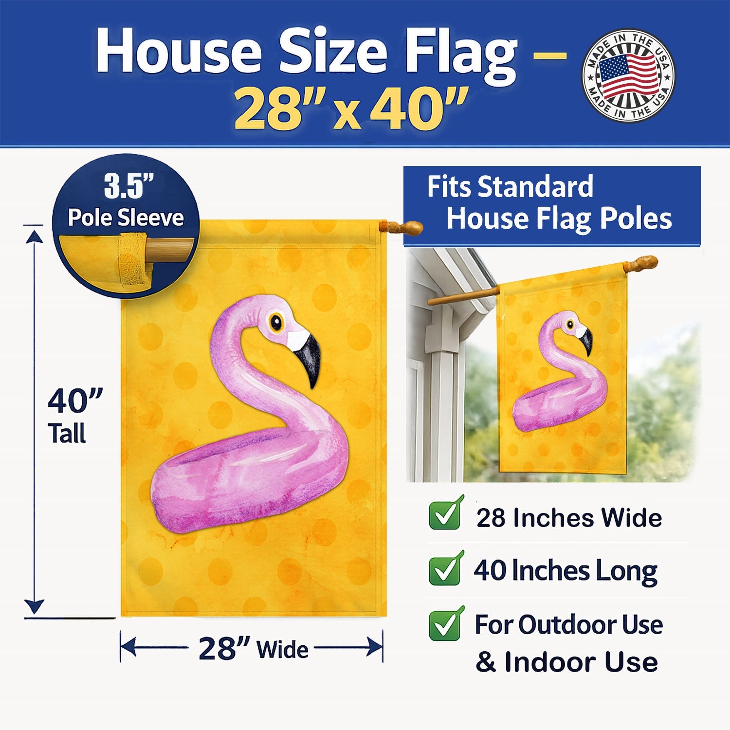 Flamingo Floaty Yellow Polkadot House Flag 28x40 Porch Sleeve Pole Decorative Outside Yard Banner Artwork Wall Hanging, Polyester