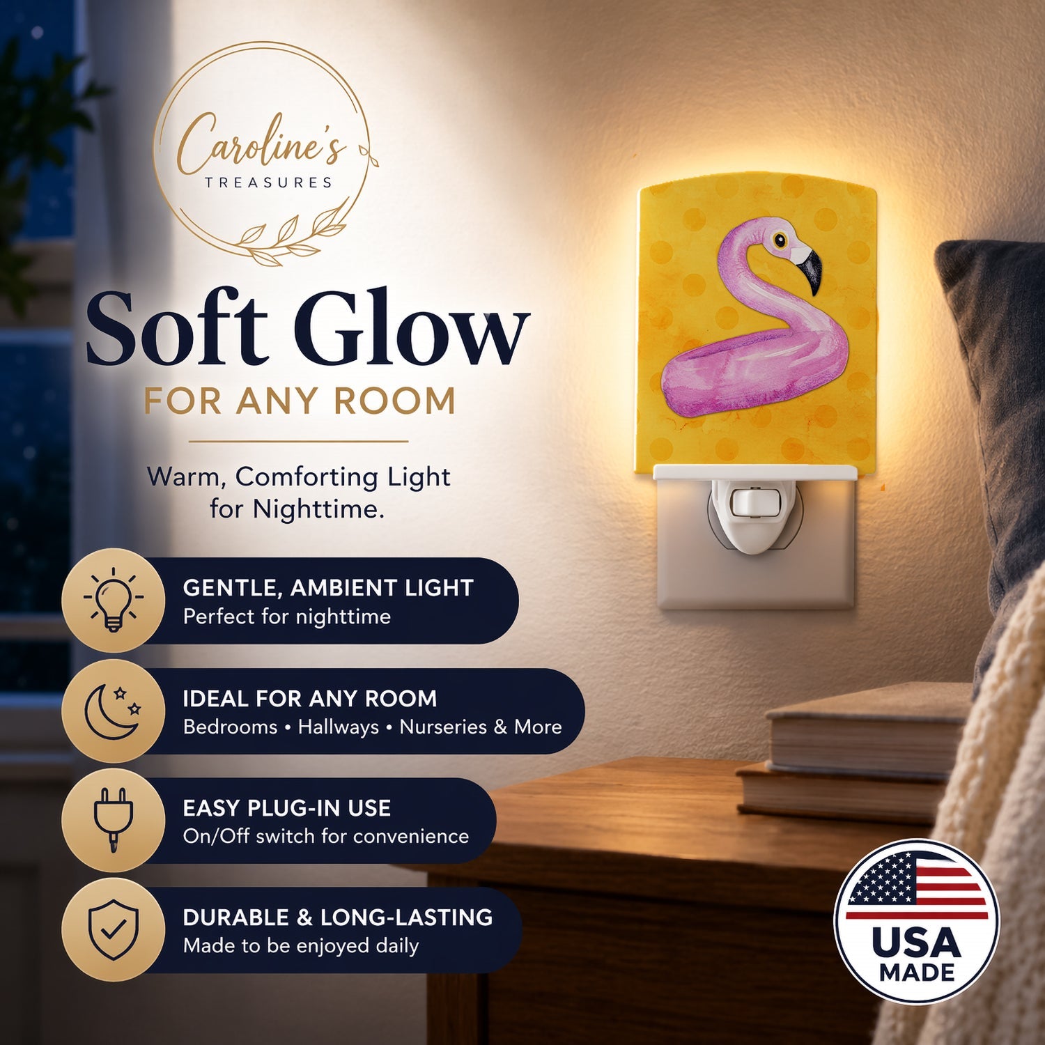 Flamingo Floaty Yellow Polkadot Ceramic Night Light Compact, UL-Certified, Ideal for Bedroom, Bathroom, Nursery, Hallway, Kitchen, 6x4x3, Multicolor