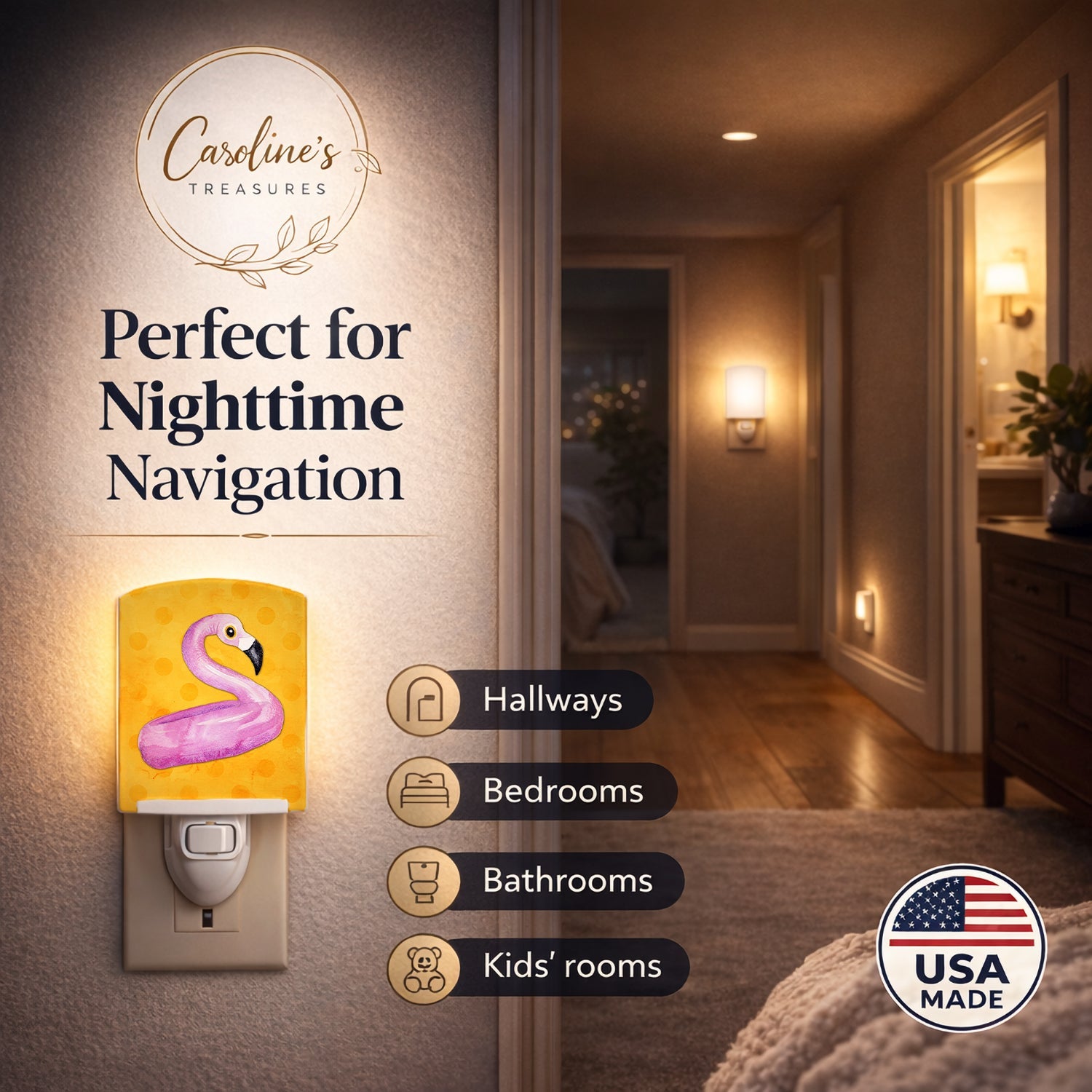 Flamingo Floaty Yellow Polkadot Ceramic Night Light Compact, UL-Certified, Ideal for Bedroom, Bathroom, Nursery, Hallway, Kitchen, 6x4x3, Multicolor