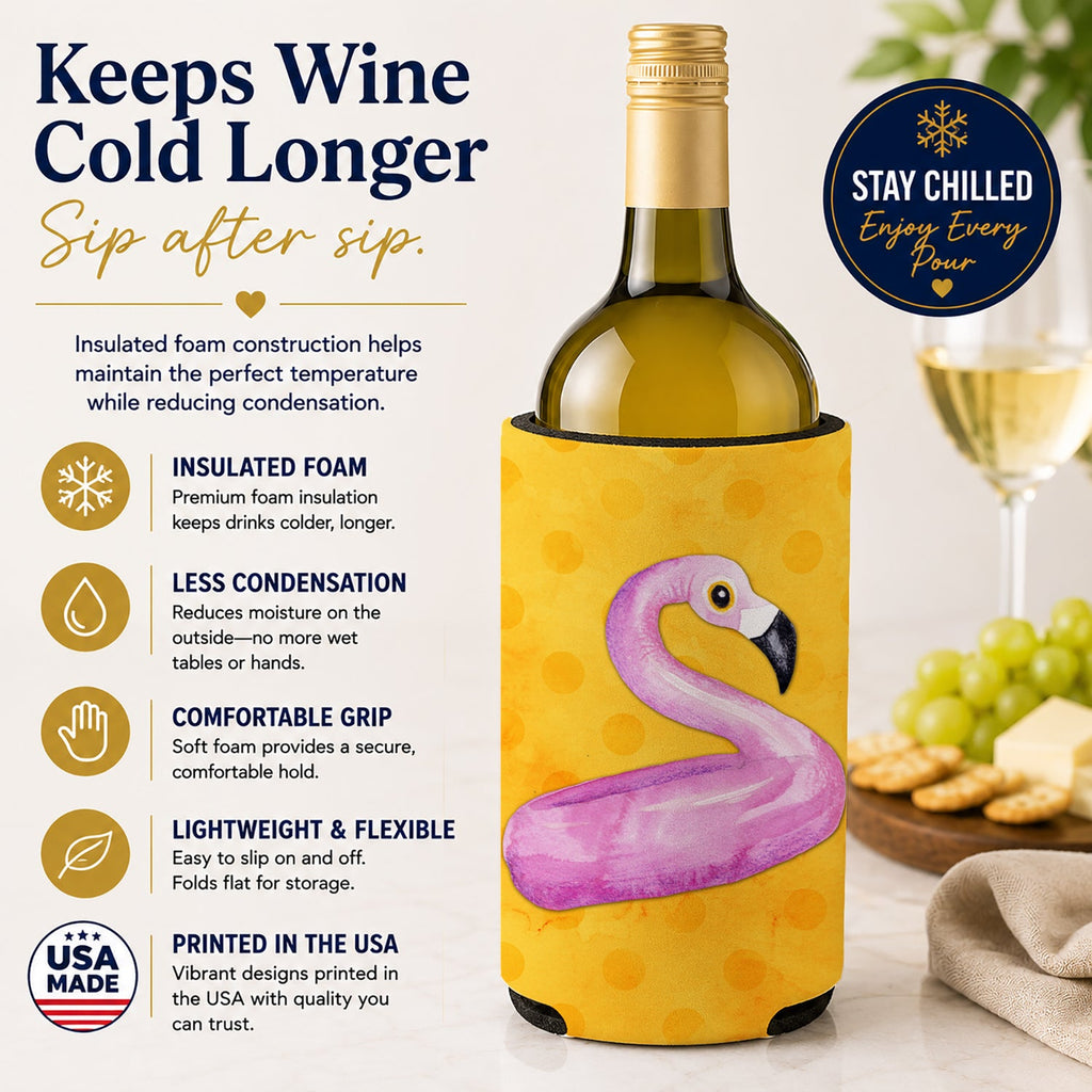 Flamingo Floaty Yellow Polkadot Wine Bottle Hugger Gift Sleeve for Standard 750 ml Bottles, Insulated Reusable Fits Mini Shot & Pint Bottles
