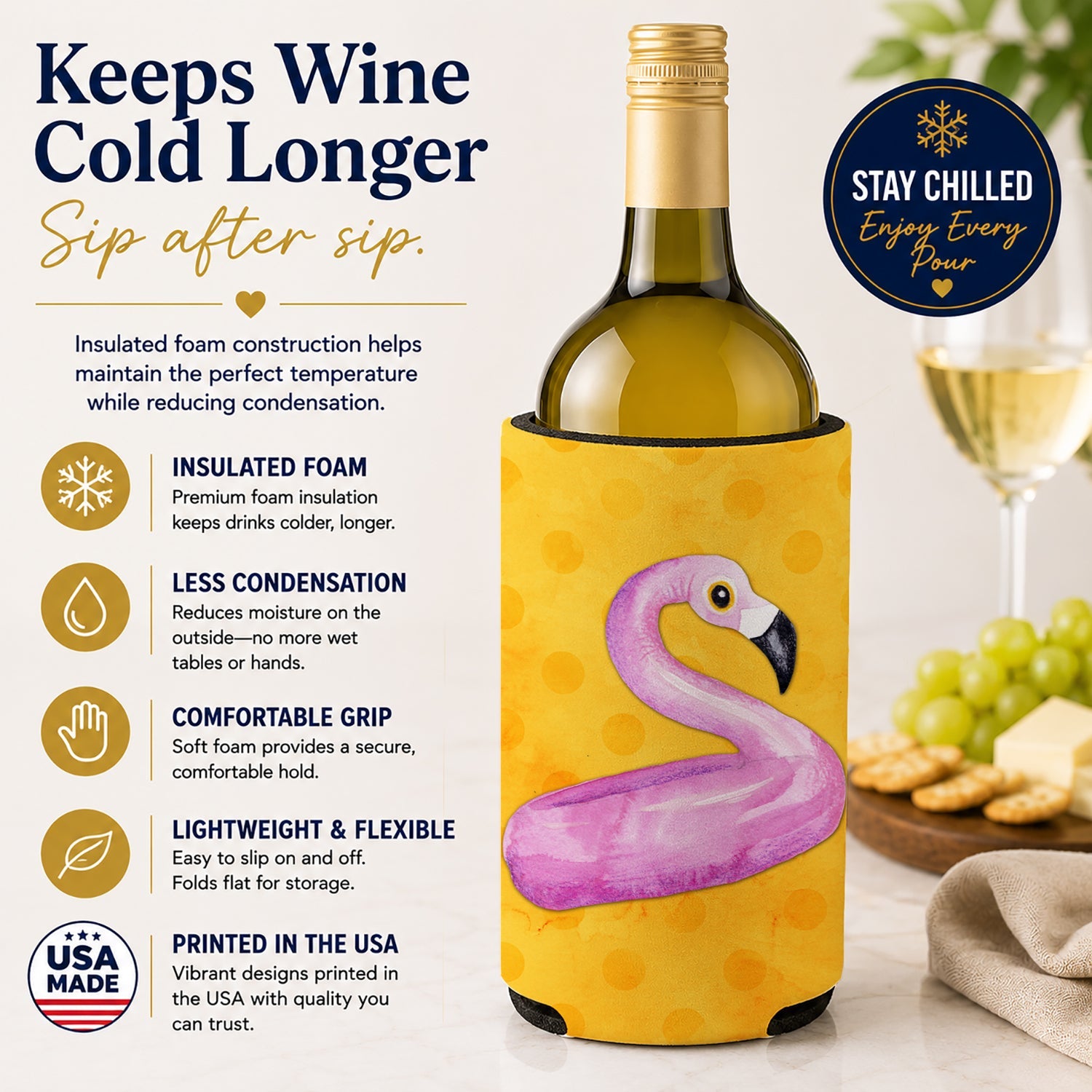 Flamingo Floaty Yellow Polkadot Wine Bottle Hugger Gift Sleeve for Standard 750 ml Bottles, Insulated Reusable Fits Mini Shot & Pint Bottles