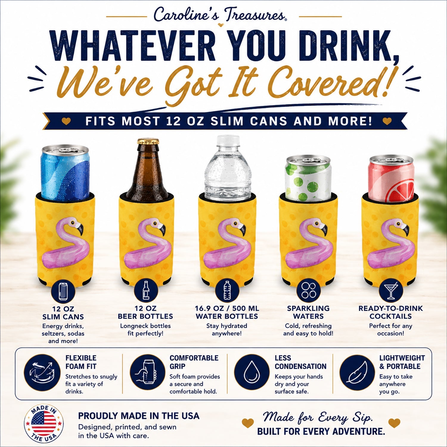 Flamingo Floaty Yellow Polkadot Slim Can Hugger  Insulated Foam Sleeve for 12 oz Slim Cans, Beer Bottles & Water Bottles, Made in USA