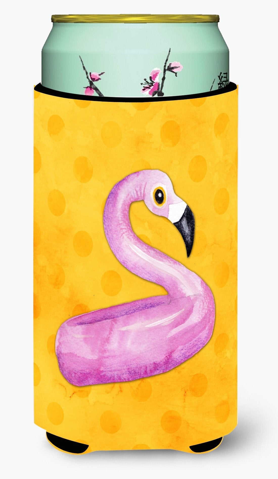 Flamingo Floaty Yellow Polkadot Tall Boy Hugger Can Cooler Sleeve Machine Washable Drink Collapsible Insulator Beverage Insulated Holder