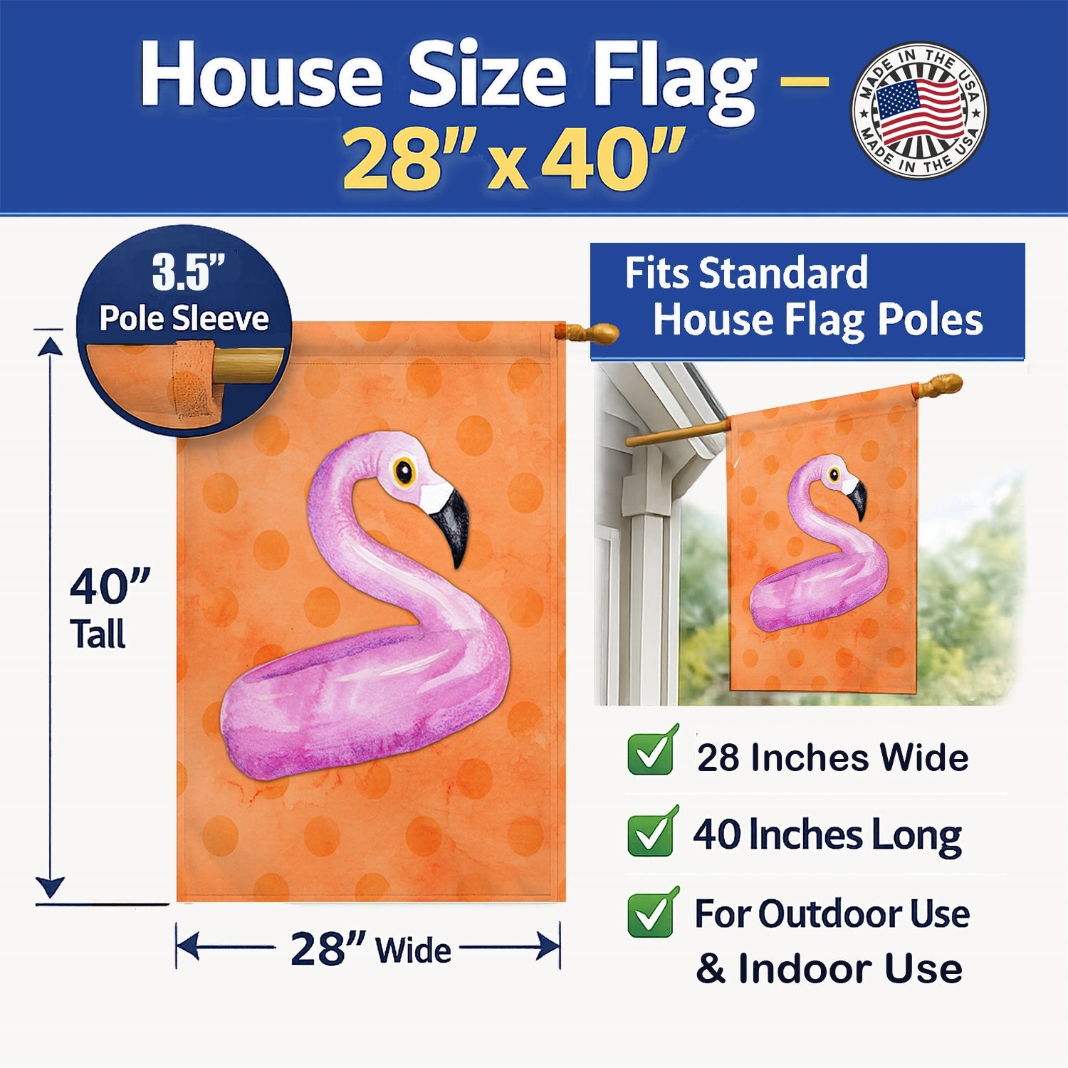 Flamingo Floaty Orange Polkadot House Flag 28x40 Porch Sleeve Pole Decorative Outside Yard Banner Artwork Wall Hanging, Polyester