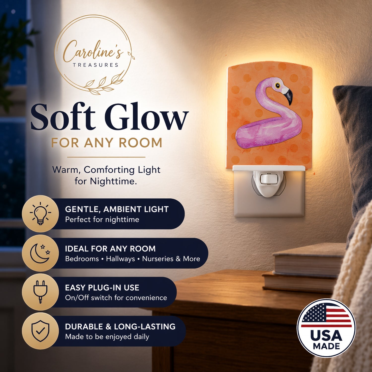 Flamingo Floaty Orange Polkadot Ceramic Night Light Compact, UL-Certified, Ideal for Bedroom, Bathroom, Nursery, Hallway, Kitchen, 6x4x3, Multicolor