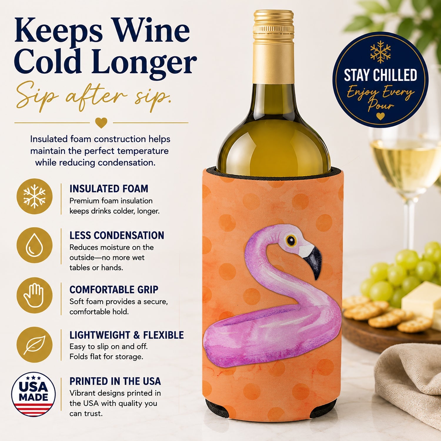Flamingo Floaty Orange Polkadot Wine Bottle Hugger Gift Sleeve for Standard 750 ml Bottles, Insulated Reusable Fits Mini Shot & Pint Bottles