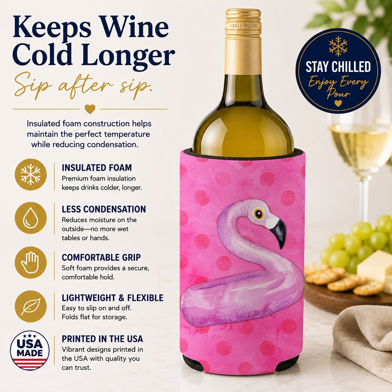 Flamingo Floaty Pink Polkadot Wine Bottle Hugger Gift Sleeve for Standard 750 ml Bottles, Insulated Reusable Fits Mini Shot & Pint Bottles