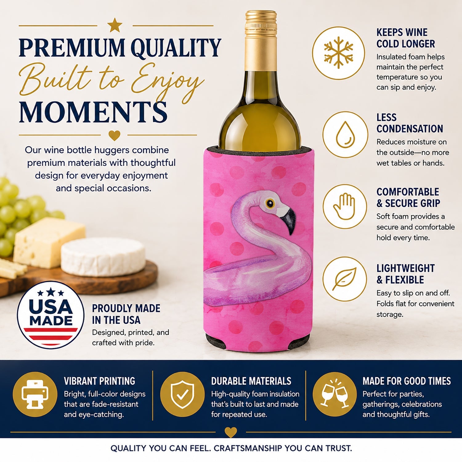 Flamingo Floaty Pink Polkadot Wine Bottle Hugger Gift Sleeve for Standard 750 ml Bottles, Insulated Reusable Fits Mini Shot & Pint Bottles