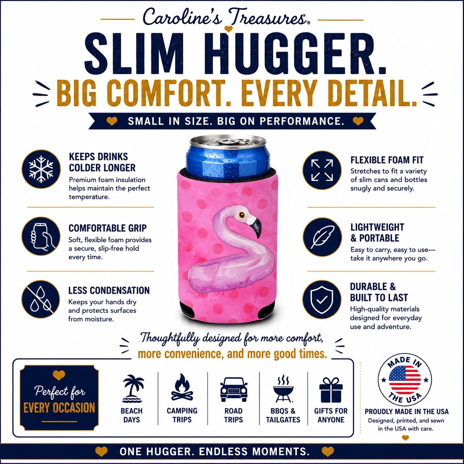 Flamingo Floaty Pink Polkadot Slim Can Hugger  Insulated Foam Sleeve for 12 oz Slim Cans, Beer Bottles & Water Bottles, Made in USA