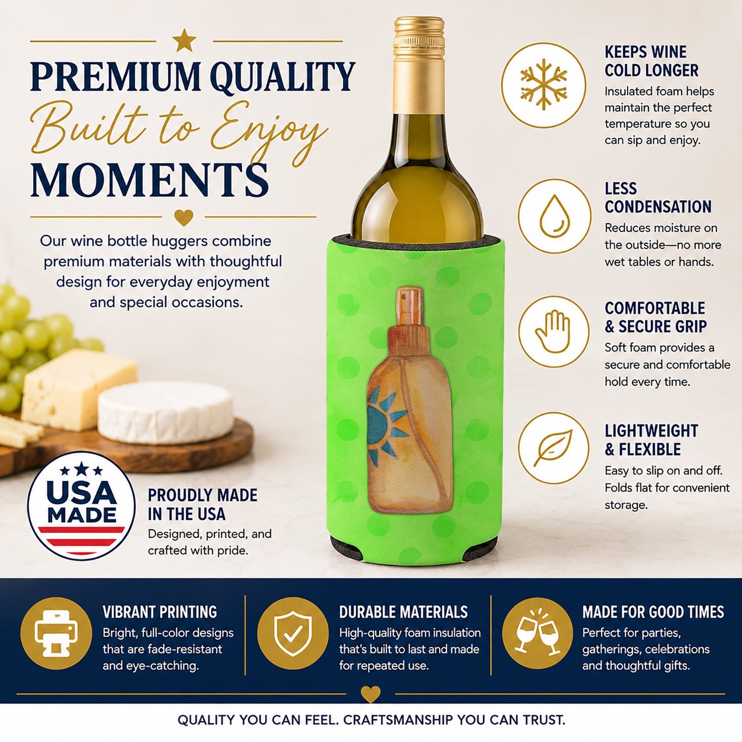 Message in a Bottle Green Polkadot Wine Bottle Hugger Gift Sleeve for Standard 750 ml Bottles, Insulated Reusable Fits Mini Shot & Pint Bottles