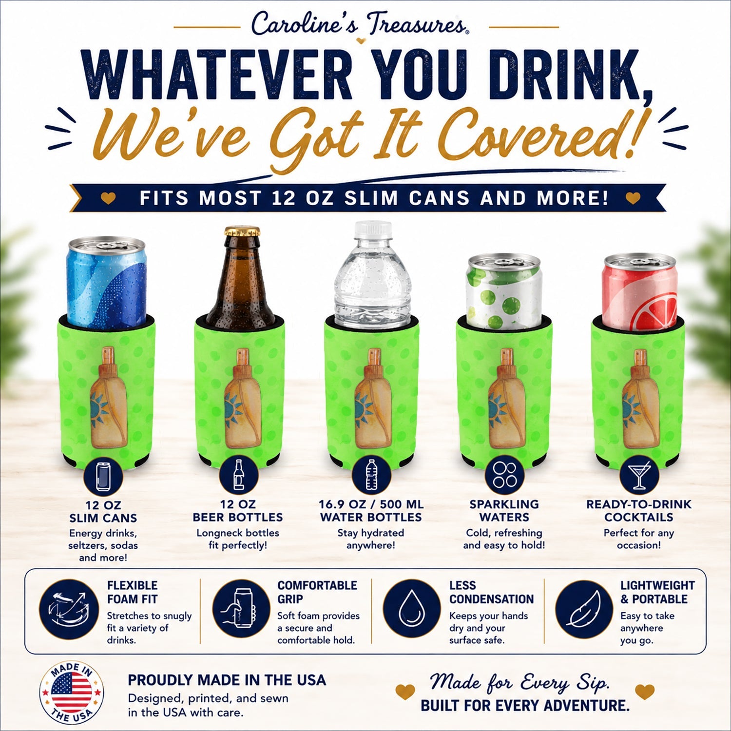 Message in a Bottle Green Polkadot Slim Can Hugger  Insulated Foam Sleeve for 12 oz Slim Cans, Beer Bottles & Water Bottles, Made in USA