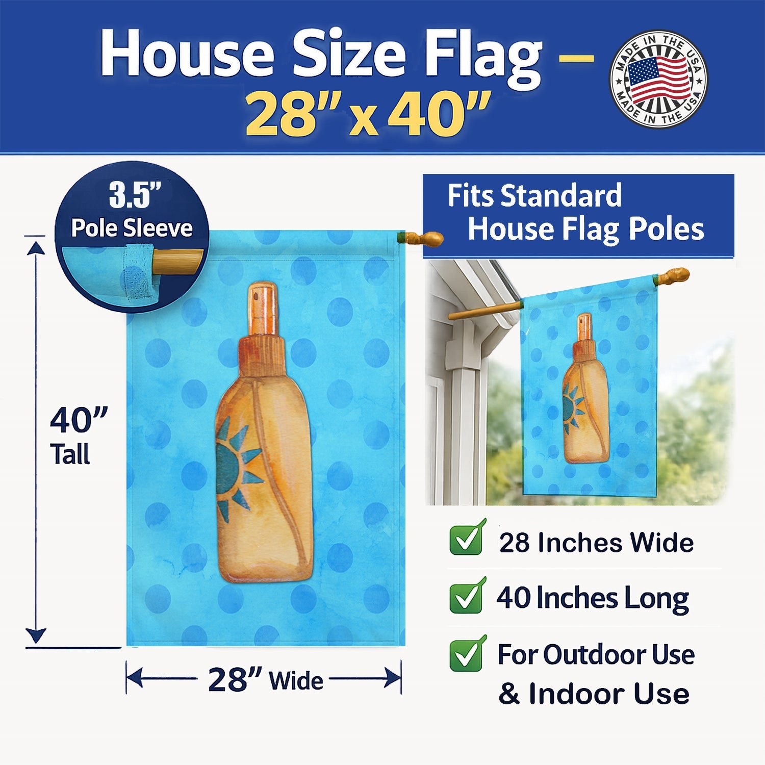 Message in a Bottle Blue Polkadot House Flag 28x40 Porch Sleeve Pole Decorative Outside Yard Banner Artwork Wall Hanging, Polyester