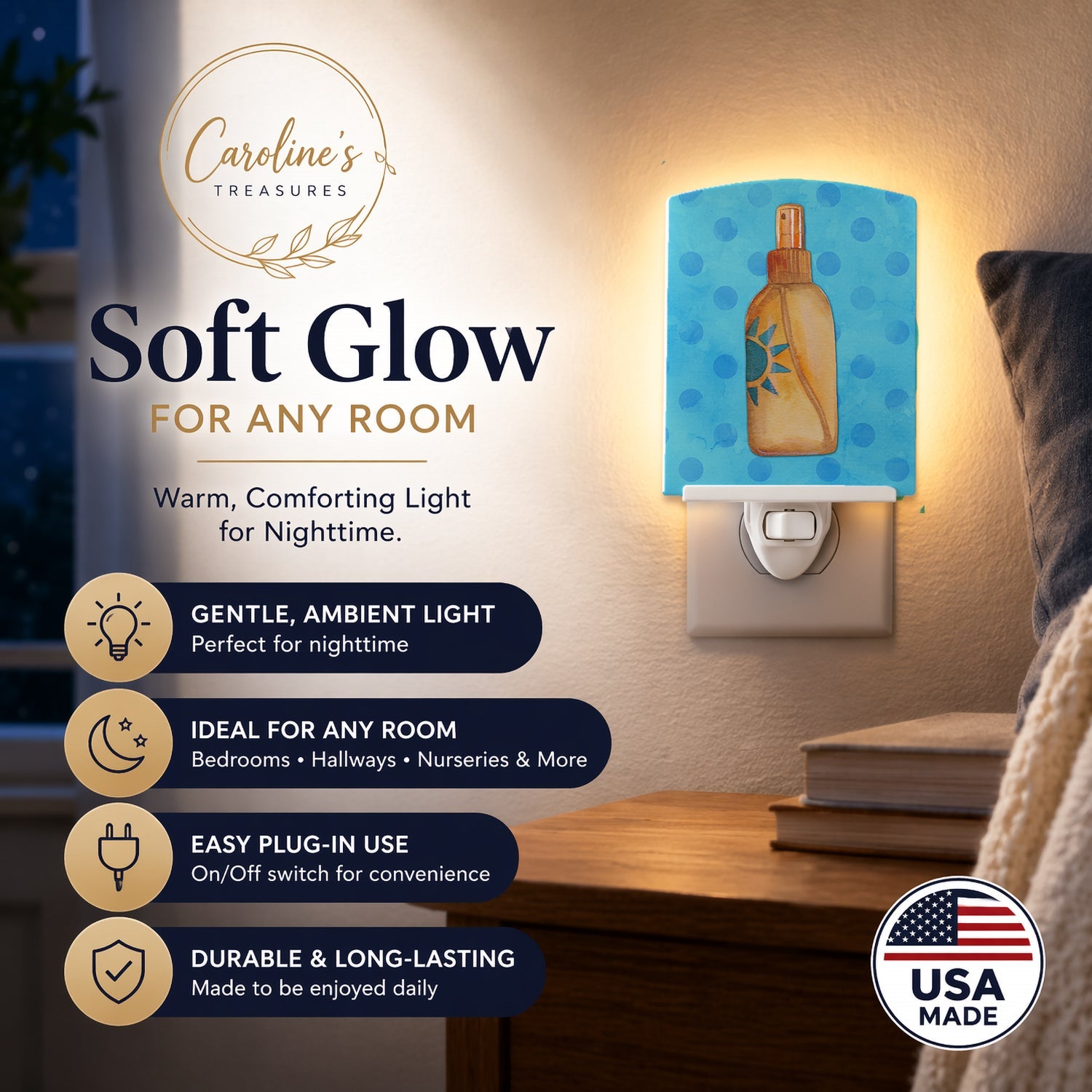 Message in a Bottle Blue Polkadot Ceramic Night Light Compact, UL-Certified, Ideal for Bedroom, Bathroom, Nursery, Hallway, Kitchen, 6x4x3, Multicolor