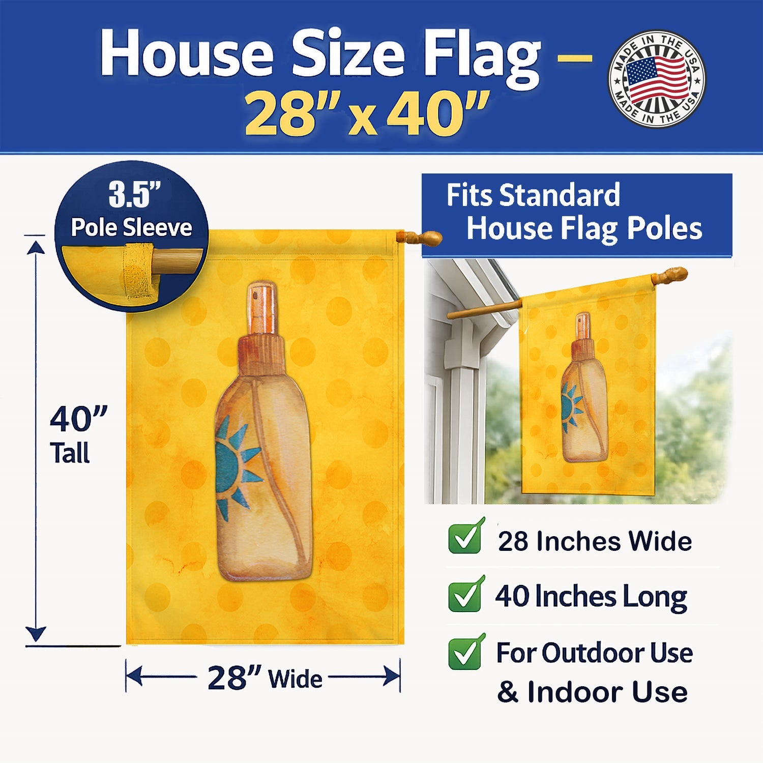 Message in a Bottle Yellow Polkadot House Flag 28x40 Porch Sleeve Pole Decorative Outside Yard Banner Artwork Wall Hanging, Polyester