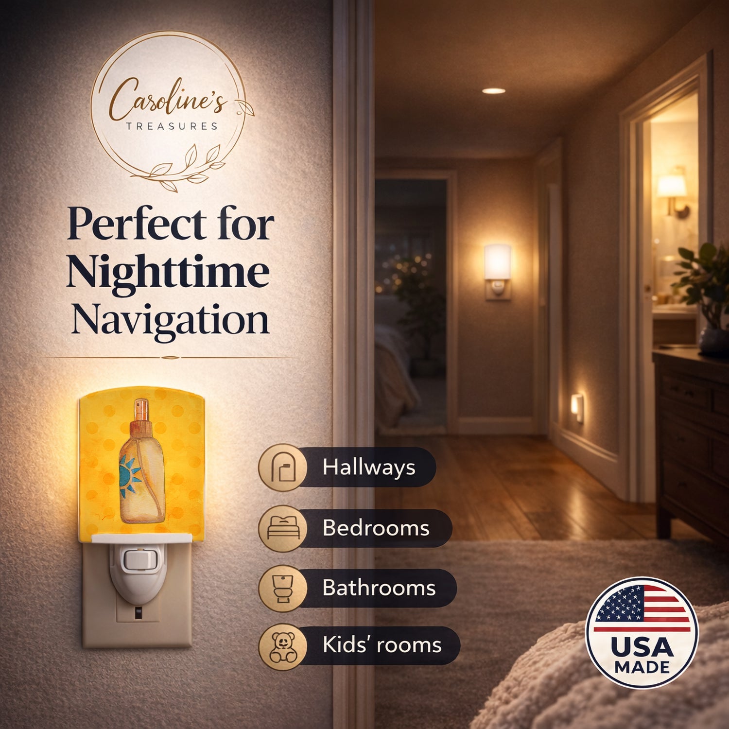 Message in a Bottle Yellow Polkadot Ceramic Night Light Compact, UL-Certified, Ideal for Bedroom, Bathroom, Nursery, Hallway, Kitchen, 6x4x3, Multicolor