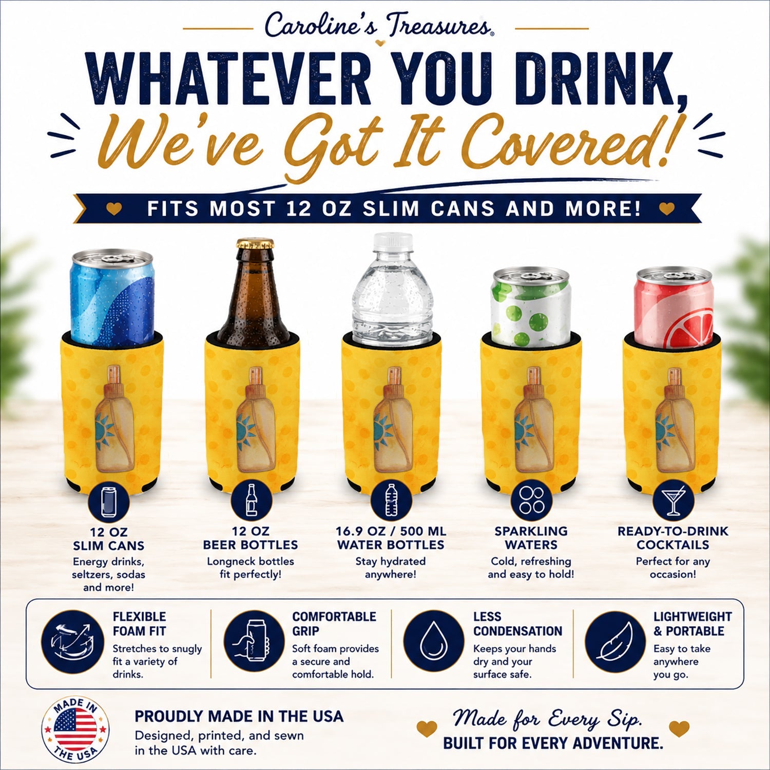 Message in a Bottle Yellow Polkadot Slim Can Hugger  Insulated Foam Sleeve for 12 oz Slim Cans, Beer Bottles & Water Bottles, Made in USA