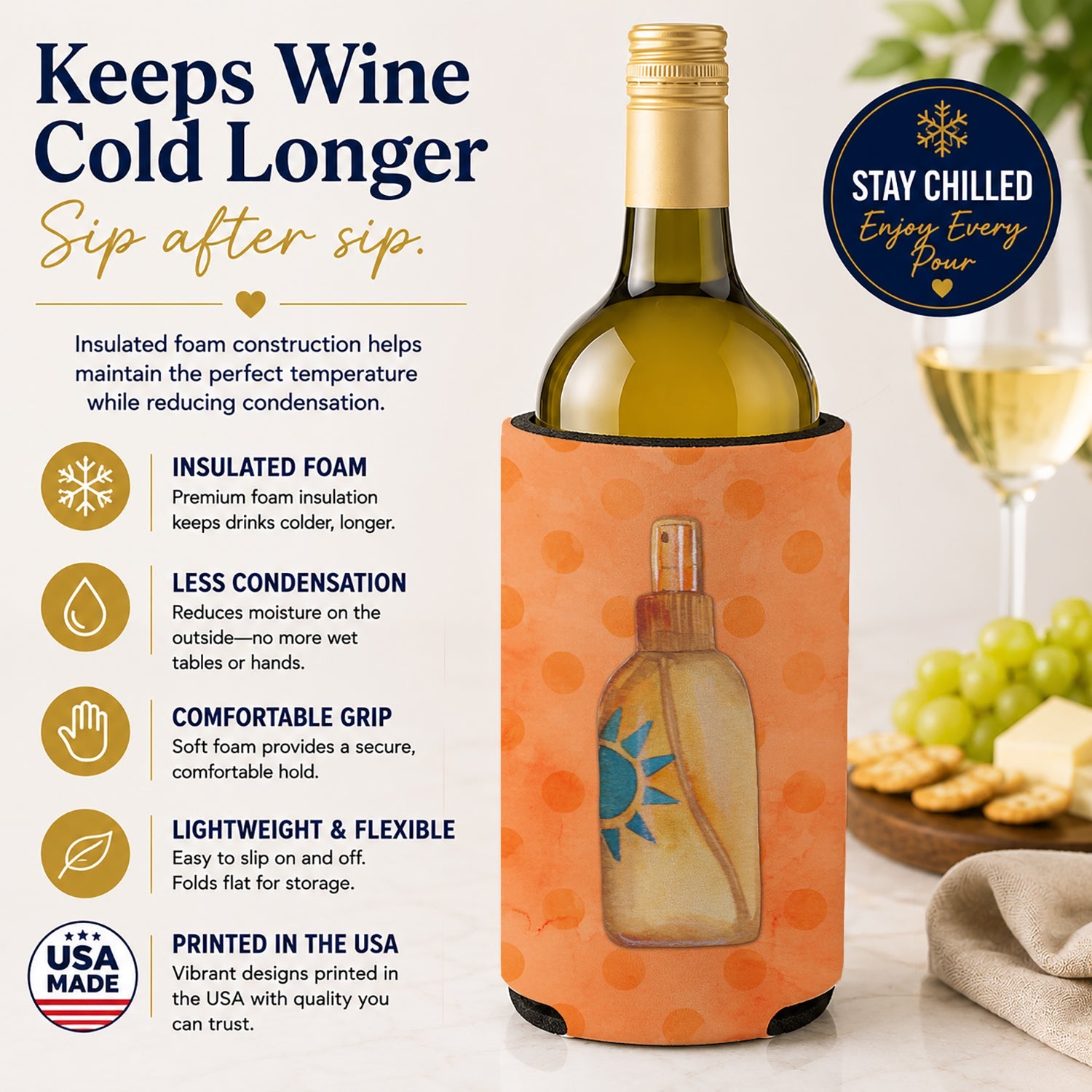 Message in a Bottle Orange Polkadot Wine Bottle Hugger Gift Sleeve for Standard 750 ml Bottles, Insulated Reusable Fits Mini Shot & Pint Bottles