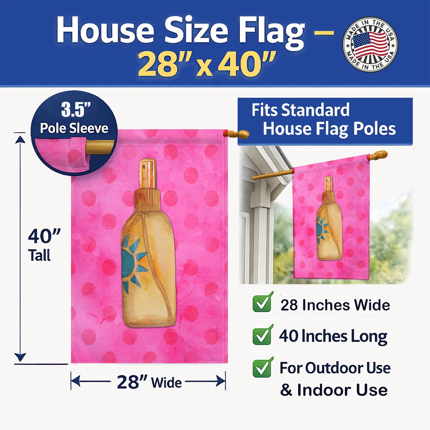 Message in a Bottle Pink Polkadot House Flag 28x40 Porch Sleeve Pole Decorative Outside Yard Banner Artwork Wall Hanging, Polyester