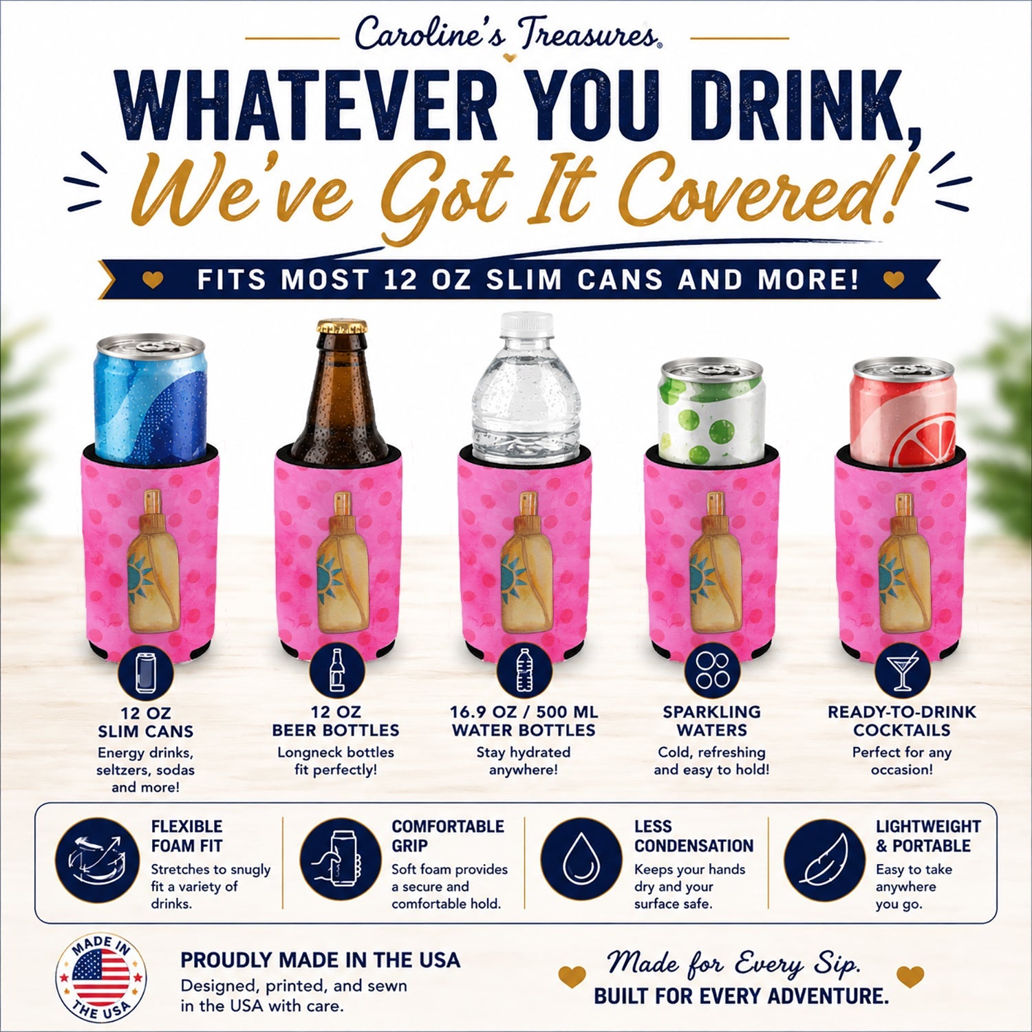 Message in a Bottle Pink Polkadot Slim Can Hugger  Insulated Foam Sleeve for 12 oz Slim Cans, Beer Bottles & Water Bottles, Made in USA