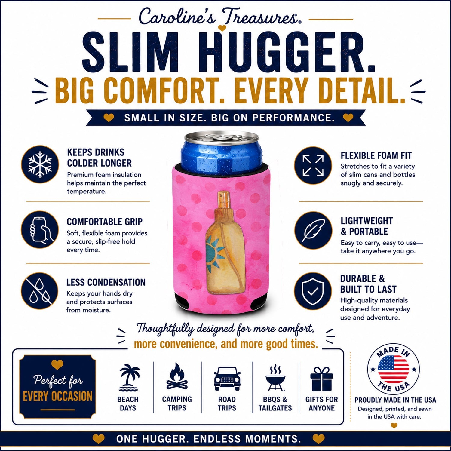 Message in a Bottle Pink Polkadot Slim Can Hugger  Insulated Foam Sleeve for 12 oz Slim Cans, Beer Bottles & Water Bottles, Made in USA