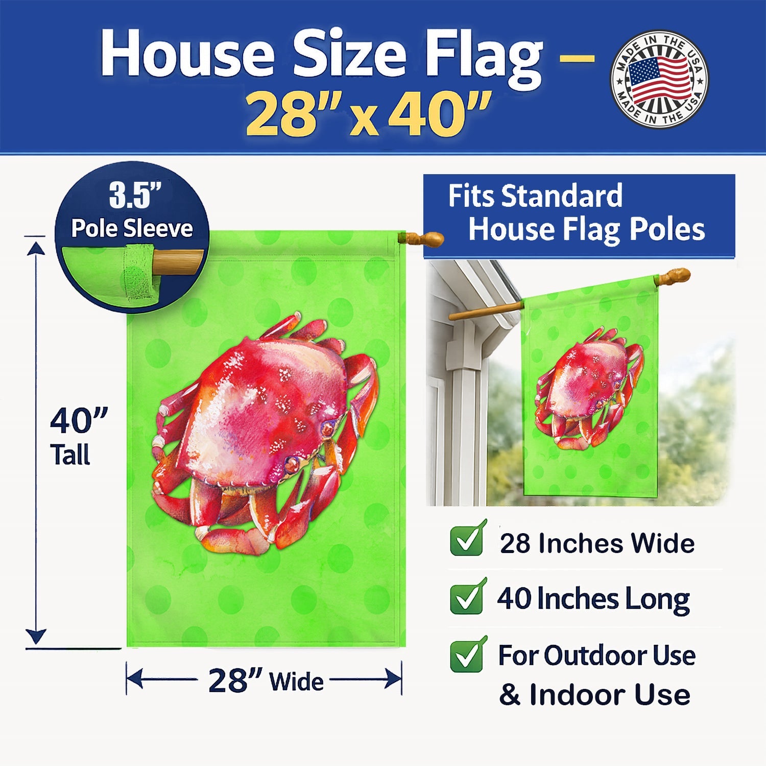 Crab Green Polkadot House Flag 28x40 Porch Sleeve Pole Decorative Outside Yard Banner Artwork Wall Hanging, Polyester