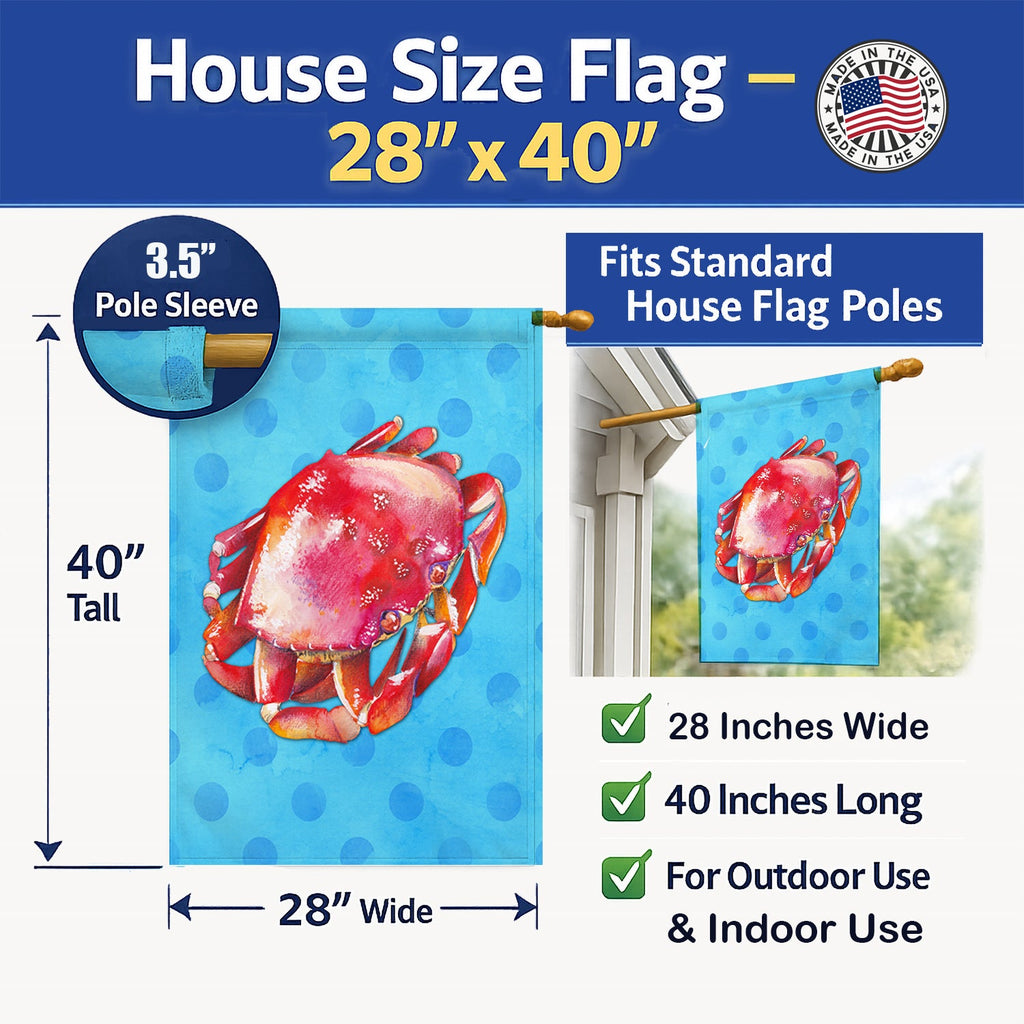 Crab Blue Polkadot House Flag 28x40 Porch Sleeve Pole Decorative Outside Yard Banner Artwork Wall Hanging, Polyester