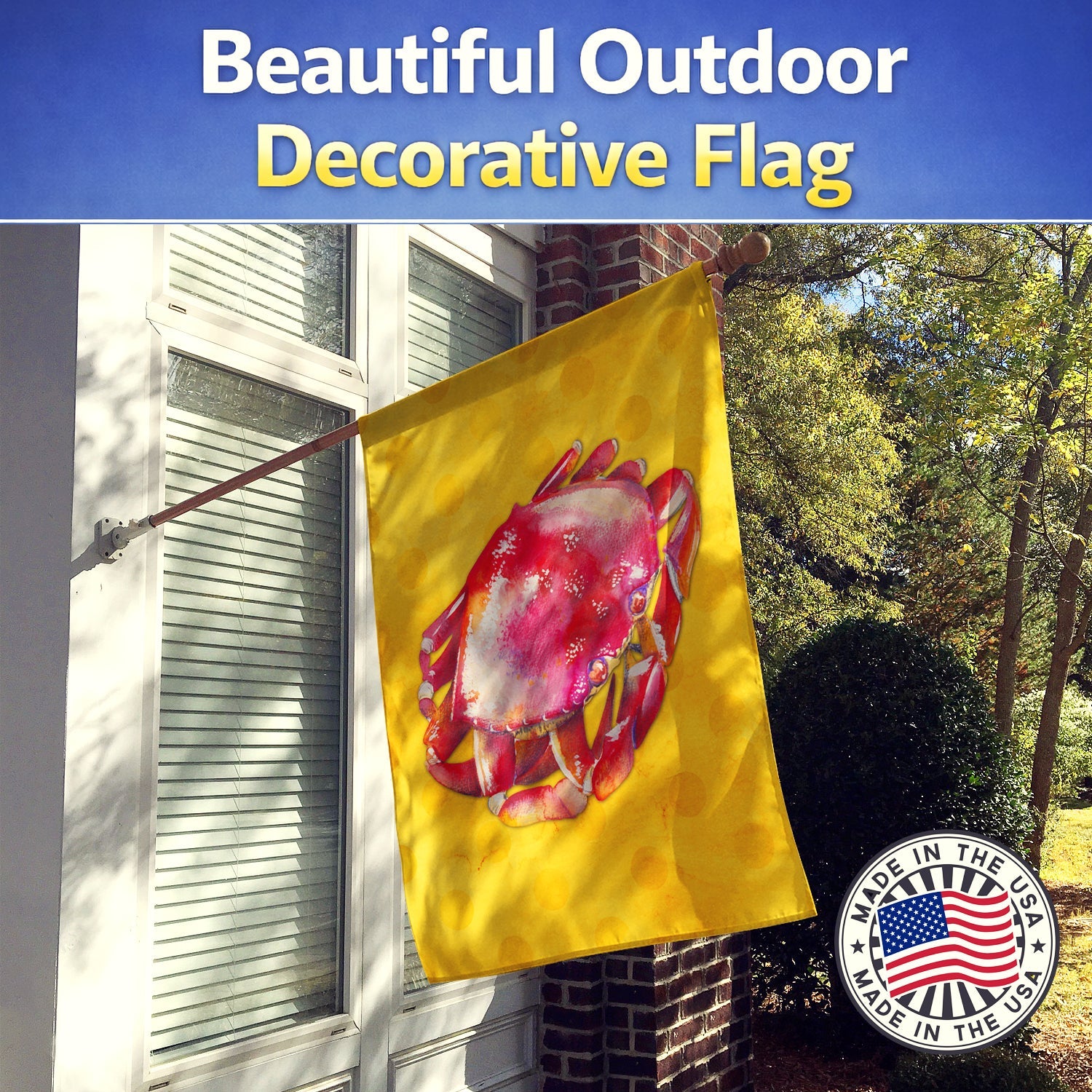 Crab Yellow Polkadot House Flag 28x40 Porch Sleeve Pole Decorative Outside Yard Banner Artwork Wall Hanging, Polyester