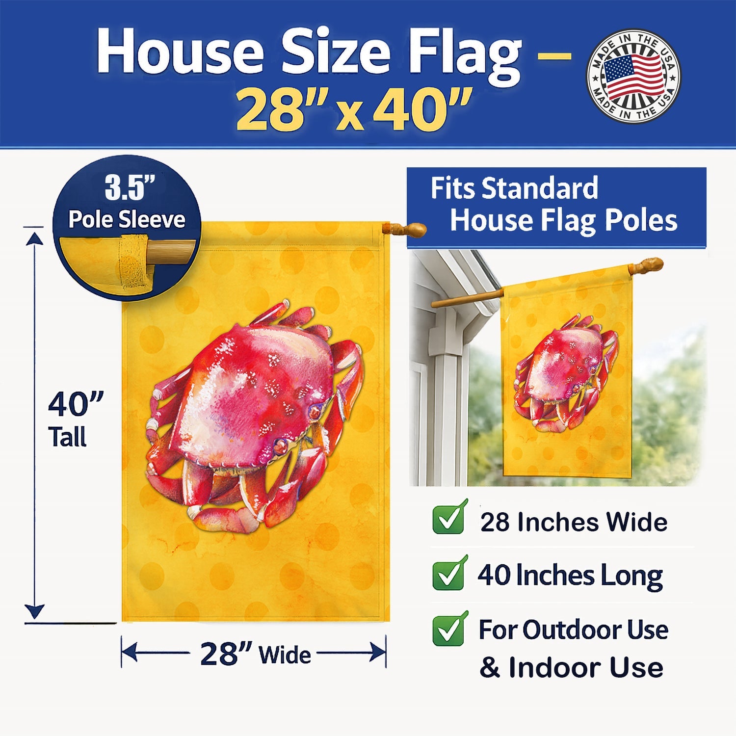 Crab Yellow Polkadot House Flag 28x40 Porch Sleeve Pole Decorative Outside Yard Banner Artwork Wall Hanging, Polyester