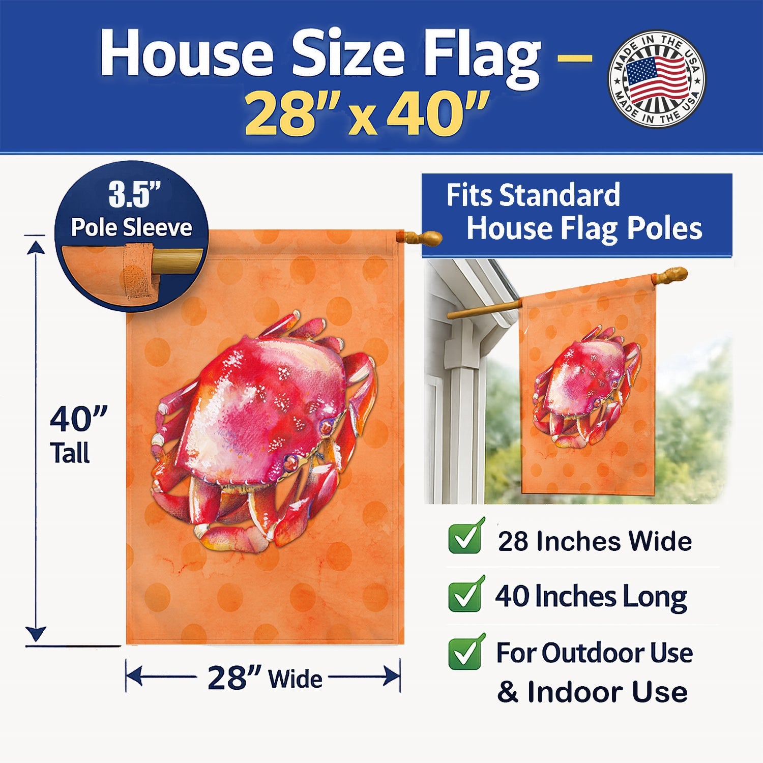 Crab Orange Polkadot House Flag 28x40 Porch Sleeve Pole Decorative Outside Yard Banner Artwork Wall Hanging, Polyester
