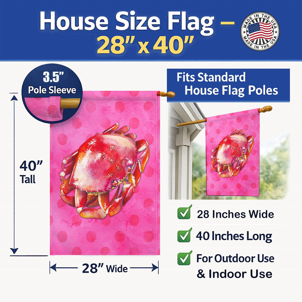 Crab Pink Polkadot House Flag 28x40 Porch Sleeve Pole Decorative Outside Yard Banner Artwork Wall Hanging, Polyester