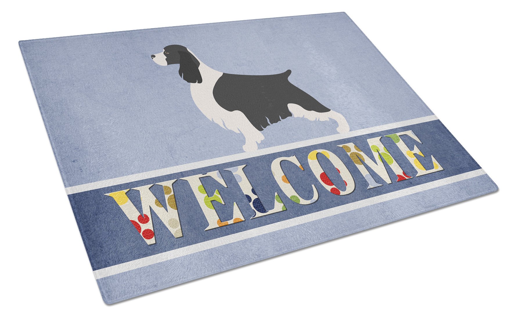 English Springer Spaniel Welcome Cutting Board Tempered Glass Kitchen Cutting Surface, Heat Resistant Chopping, Non-Slip Feet, Food Prep & Serving