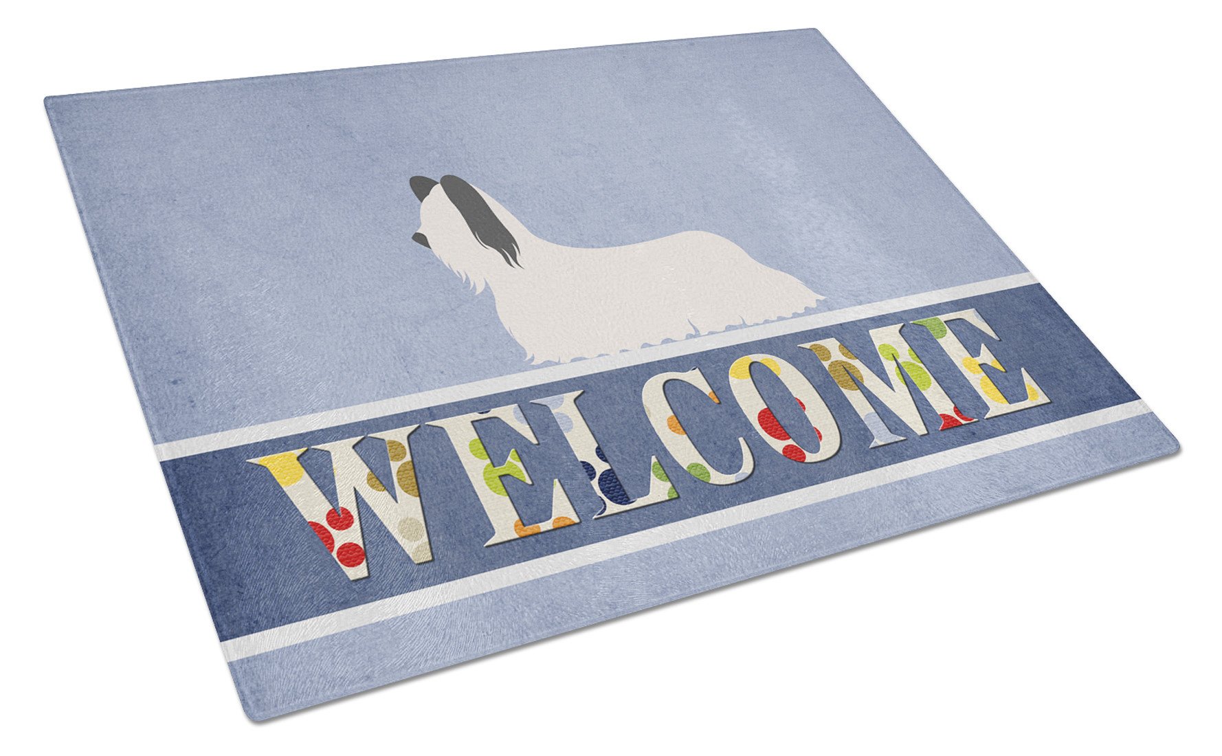 Skye Terrier Welcome Cutting Board Tempered Glass Kitchen Cutting Surface, Heat Resistant Chopping, Non-Slip Feet, Food Prep & Serving