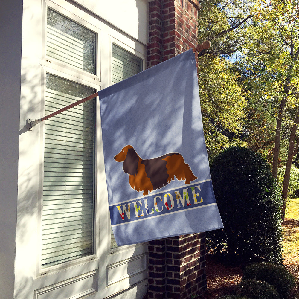 Longhaired Dachshund Welcome House Flag 28x40 Porch Sleeve Pole Decorative Outside Yard Banner Artwork Wall Hanging, Polyester