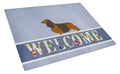 Longhaired Dachshund Welcome Cutting Board Tempered Glass Kitchen Cutting Surface, Heat Resistant Chopping, Non-Slip Feet, Food Prep & Serving