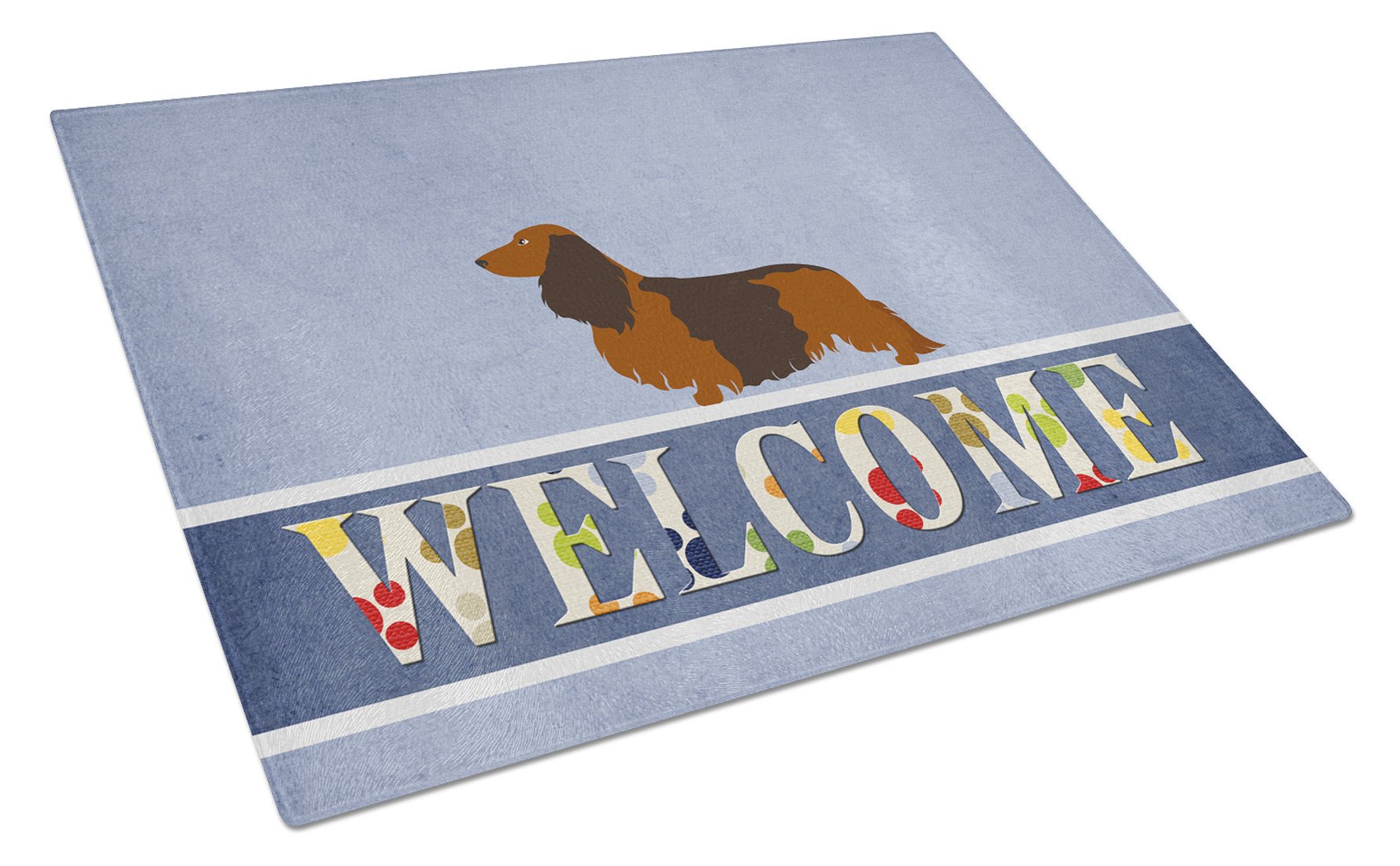 Longhaired Dachshund Welcome Cutting Board Tempered Glass Kitchen Cutting Surface, Heat Resistant Chopping, Non-Slip Feet, Food Prep & Serving