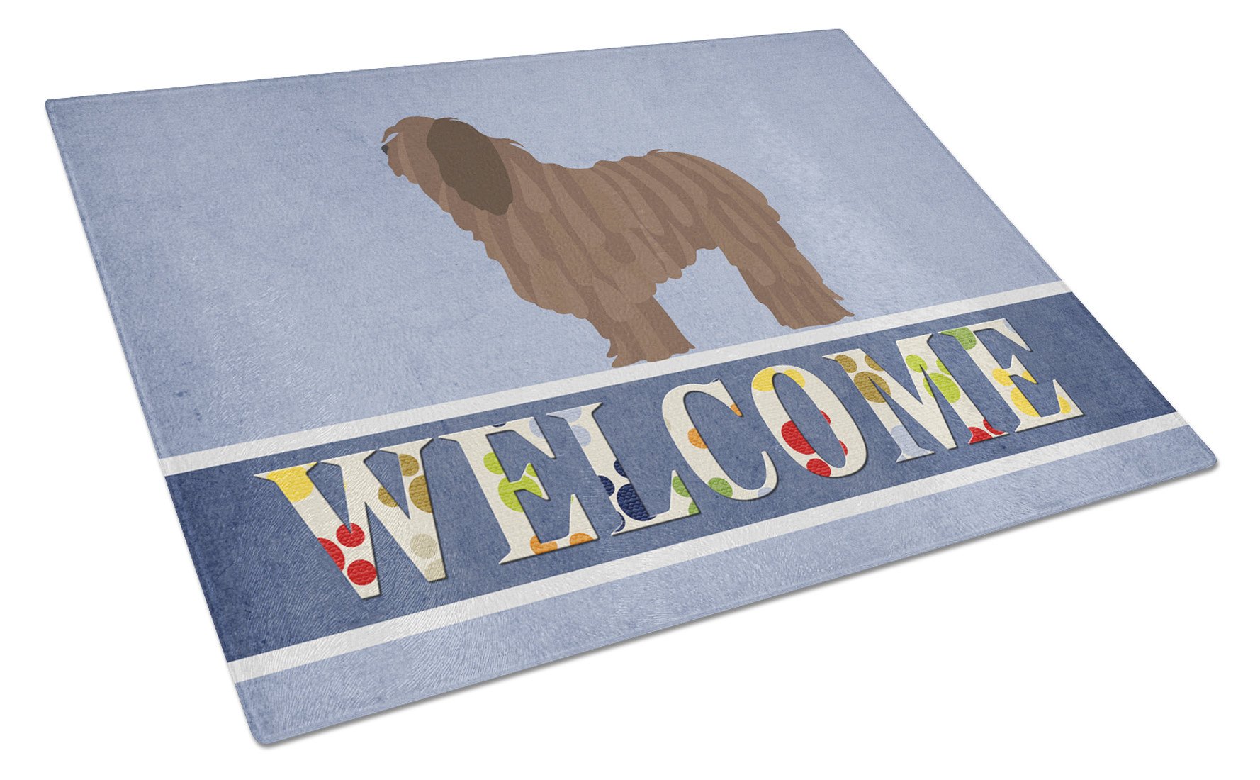 Bergamasco Shepherd Welcome Cutting Board Tempered Glass Kitchen Cutting Surface, Heat Resistant Chopping, Non-Slip Feet, Food Prep & Serving