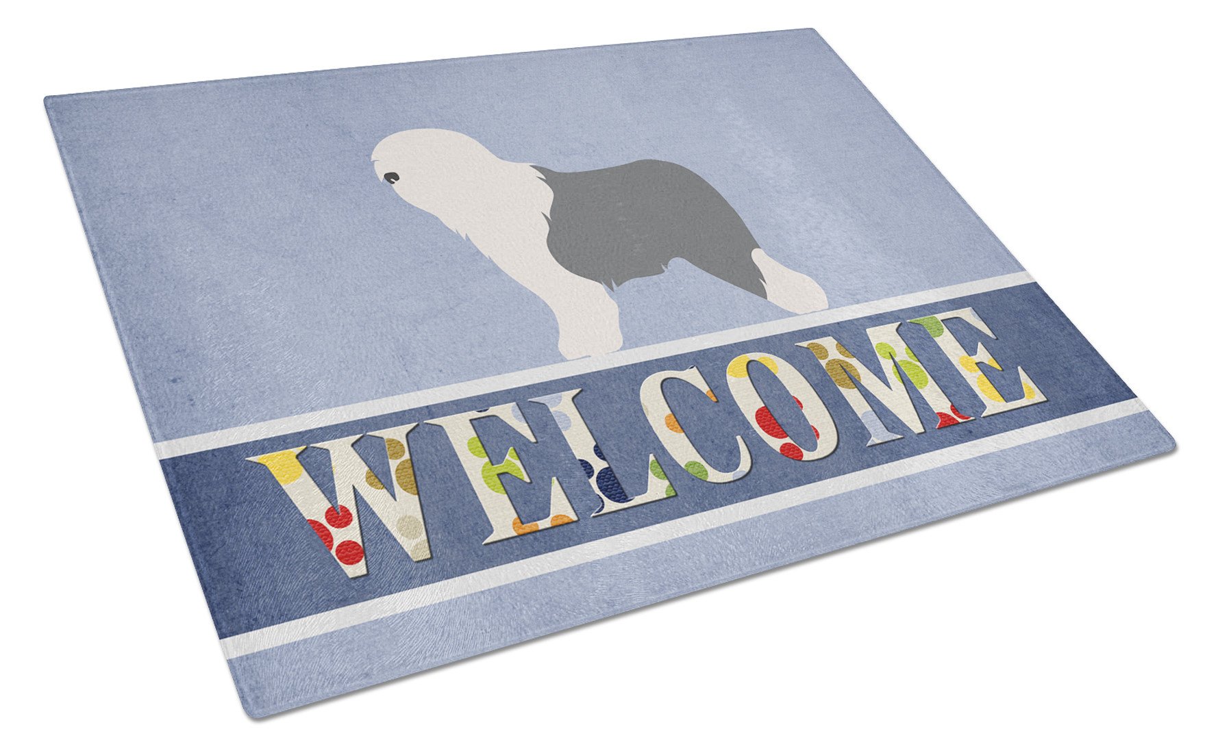 Old English Sheepdog Bobtail Cutting Board Tempered Glass Kitchen Cutting Surface, Heat Resistant Chopping, Non-Slip Feet, Food Prep & Serving