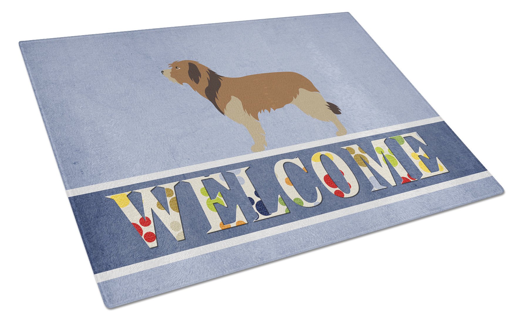Catalan Sheepdog Welcome Cutting Board Tempered Glass Kitchen Cutting Surface, Heat Resistant Chopping, Non-Slip Feet, Food Prep & Serving