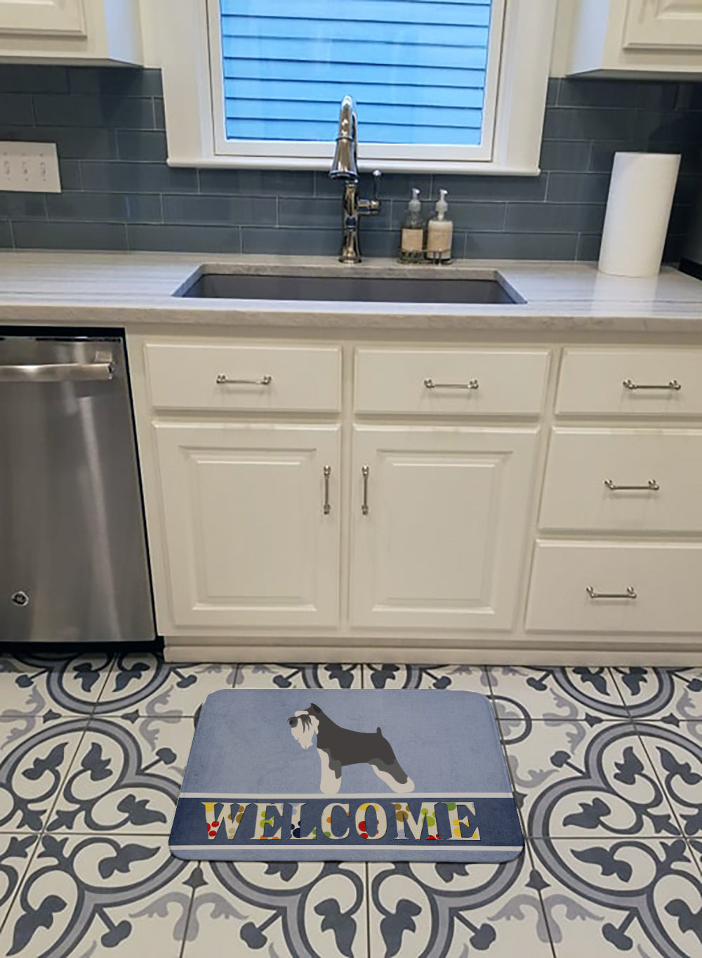Miniature Schnauzer Welcome Memory Foam Kitchen Mat Machine Washable Anti-Fatigue Cushion Comfort Bath or Kitchen Rug
