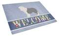 Old English Sheepdog Welcome Cutting Board Tempered Glass Kitchen Cutting Surface, Heat Resistant Chopping, Non-Slip Feet, Food Prep & Serving
