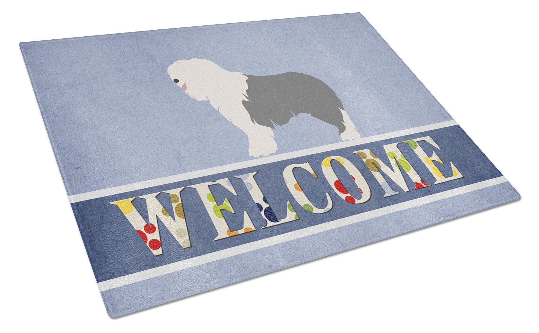 Old English Sheepdog Welcome Cutting Board Tempered Glass Kitchen Cutting Surface, Heat Resistant Chopping, Non-Slip Feet, Food Prep & Serving