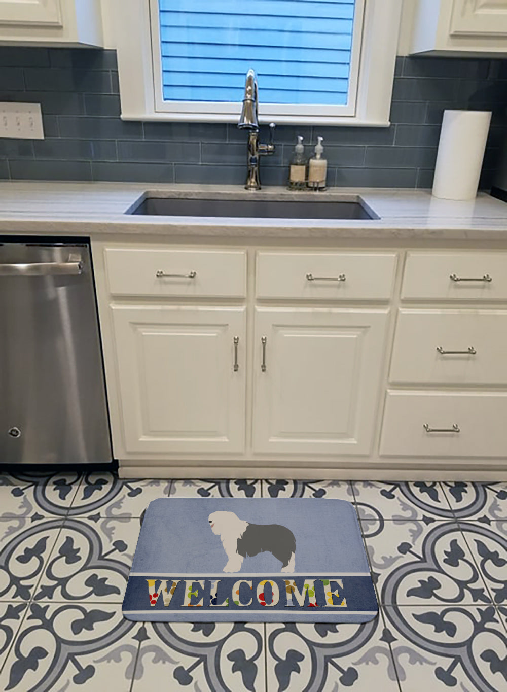Old English Sheepdog Welcome Memory Foam Kitchen Mat Machine Washable Anti-Fatigue Cushion Comfort Bath or Kitchen Rug