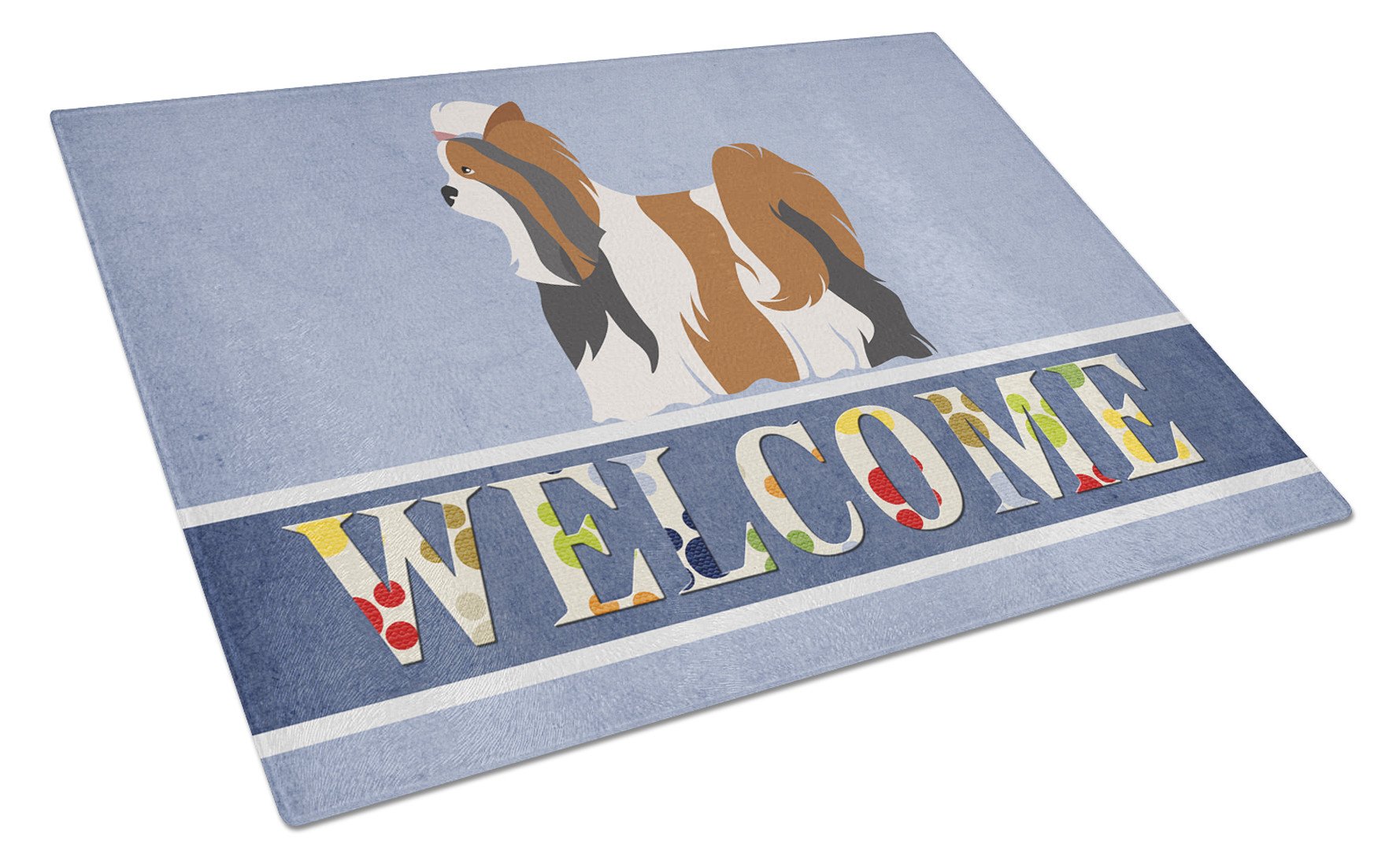 Biewer Terrier Welcome Cutting Board Tempered Glass Kitchen Cutting Surface, Heat Resistant Chopping, Non-Slip Feet, Food Prep & Serving