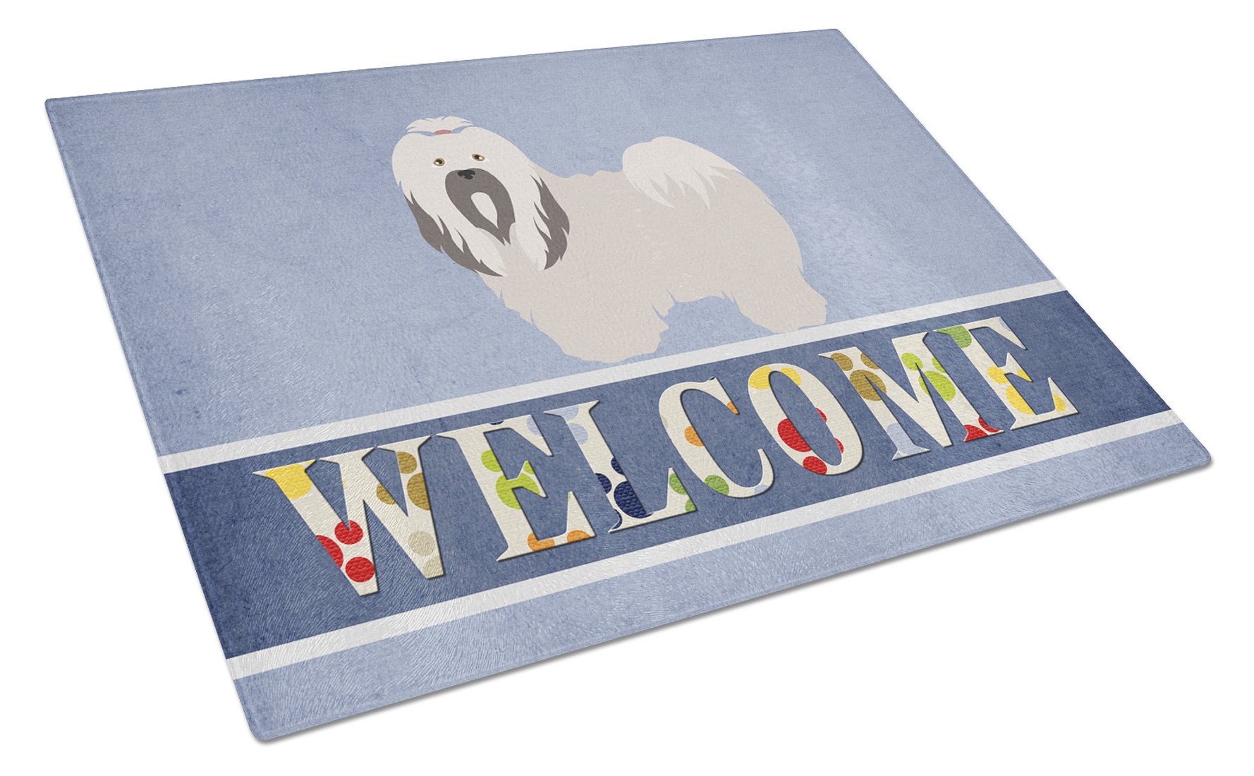 Lhasa Apso Welcome Cutting Board Tempered Glass Kitchen Cutting Surface, Heat Resistant Chopping, Non-Slip Feet, Food Prep & Serving