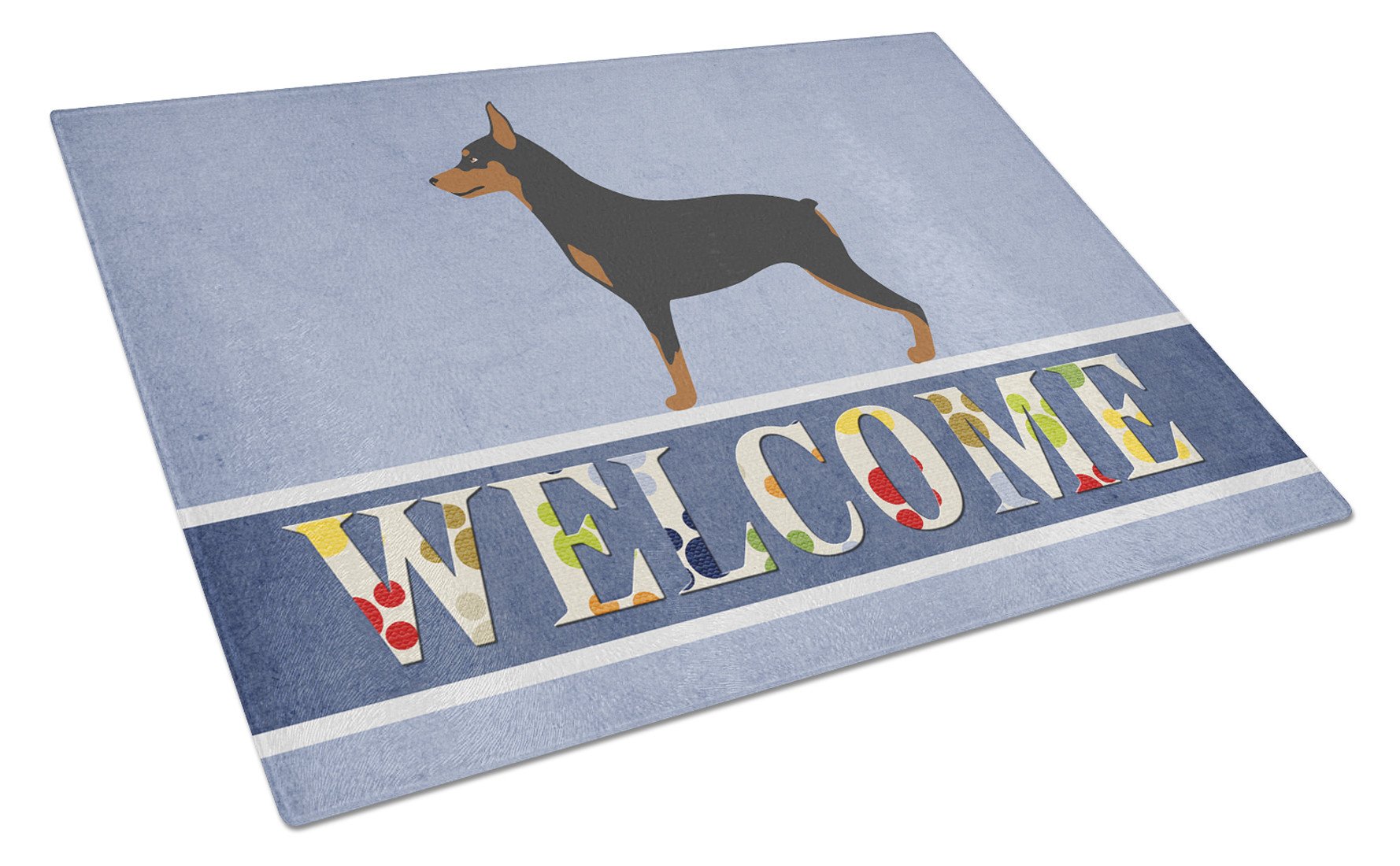 Miniature Pinscher Welcome Cutting Board Tempered Glass Kitchen Cutting Surface, Heat Resistant Chopping, Non-Slip Feet, Food Prep & Serving