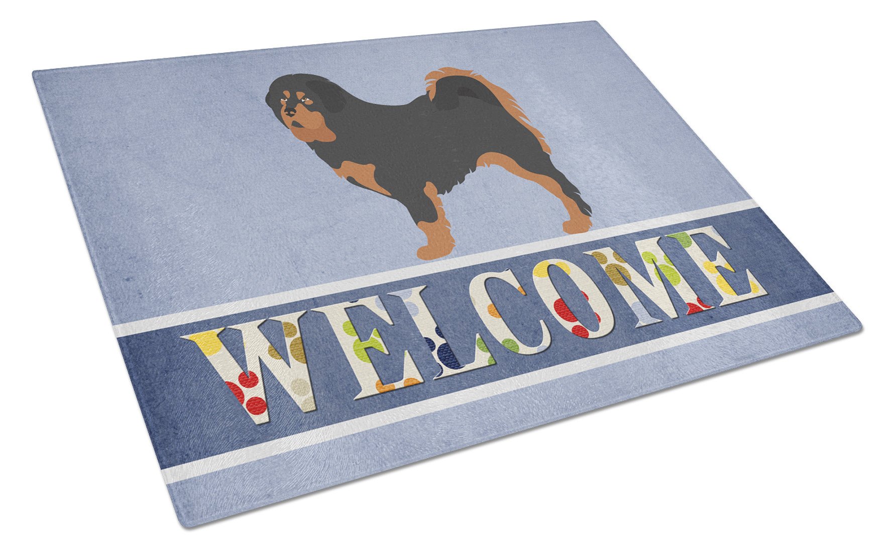 Tibetan Mastiff Welcome Cutting Board Tempered Glass Kitchen Cutting Surface, Heat Resistant Chopping, Non-Slip Feet, Food Prep & Serving