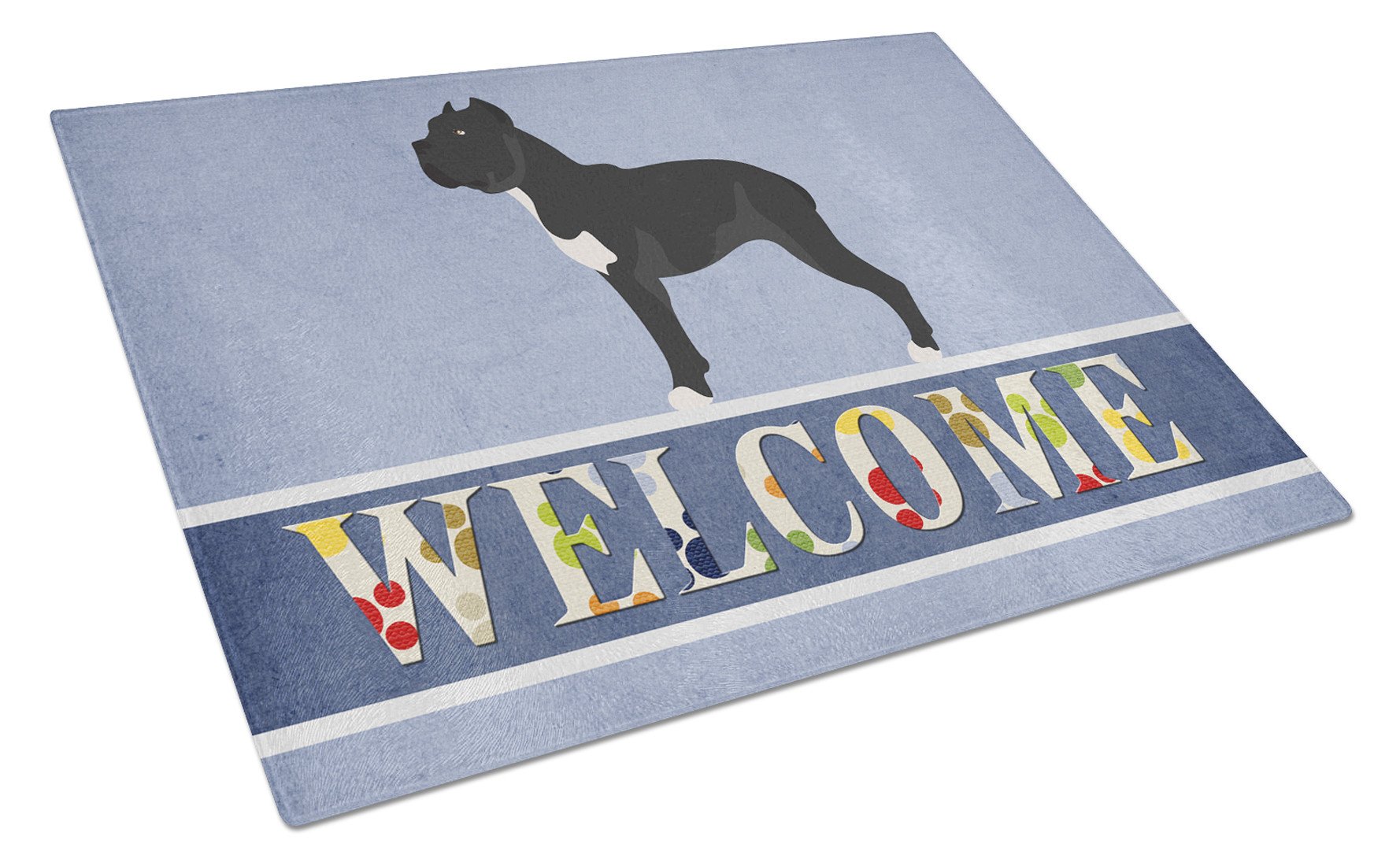 Cane Corso Welcome Cutting Board Tempered Glass Kitchen Cutting Surface, Heat Resistant Chopping, Non-Slip Feet, Food Prep & Serving